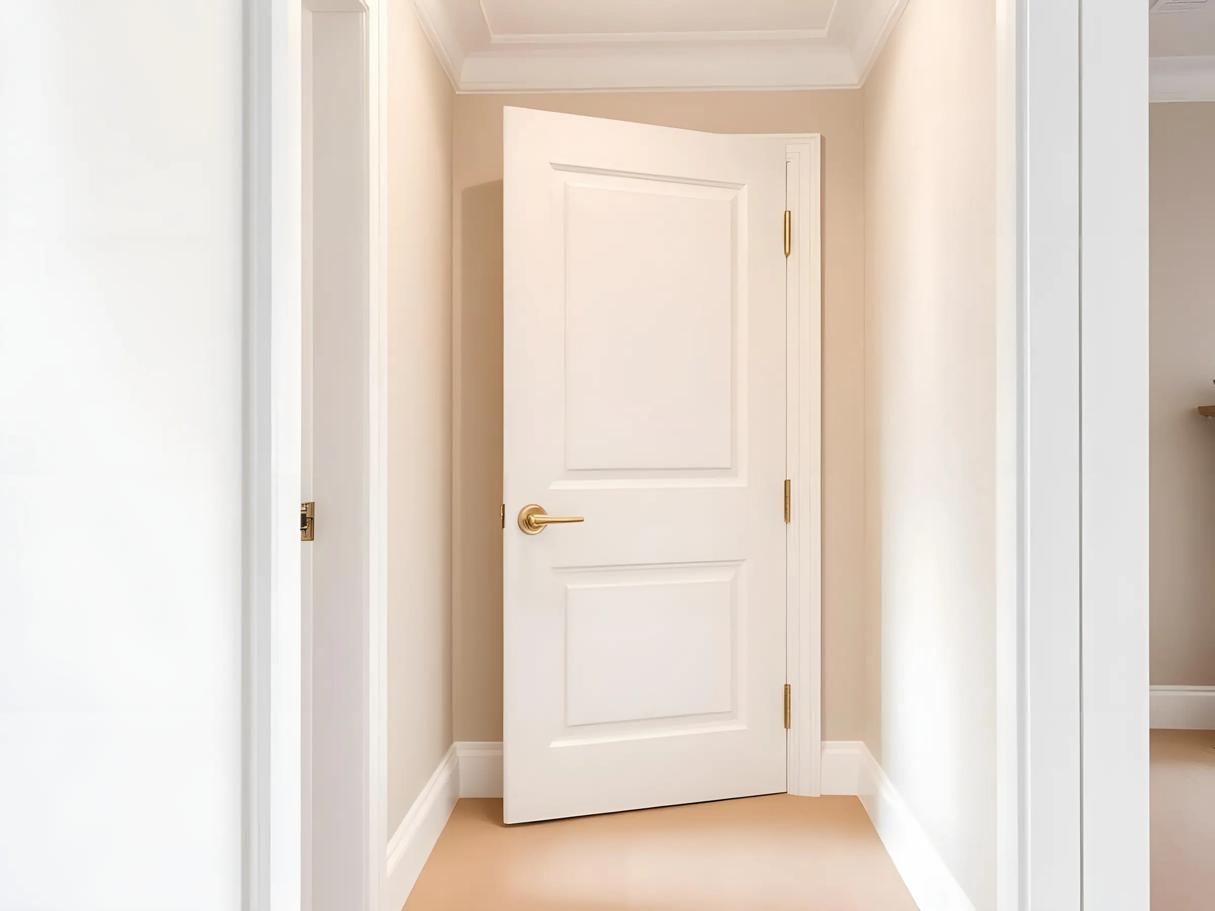 Porte intérieure blanche moulurée entrouverte dans un couloir clair